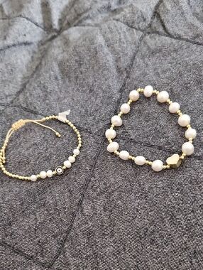 Gold Filled and White Freshwater  Beaded Women's Bracelet Set